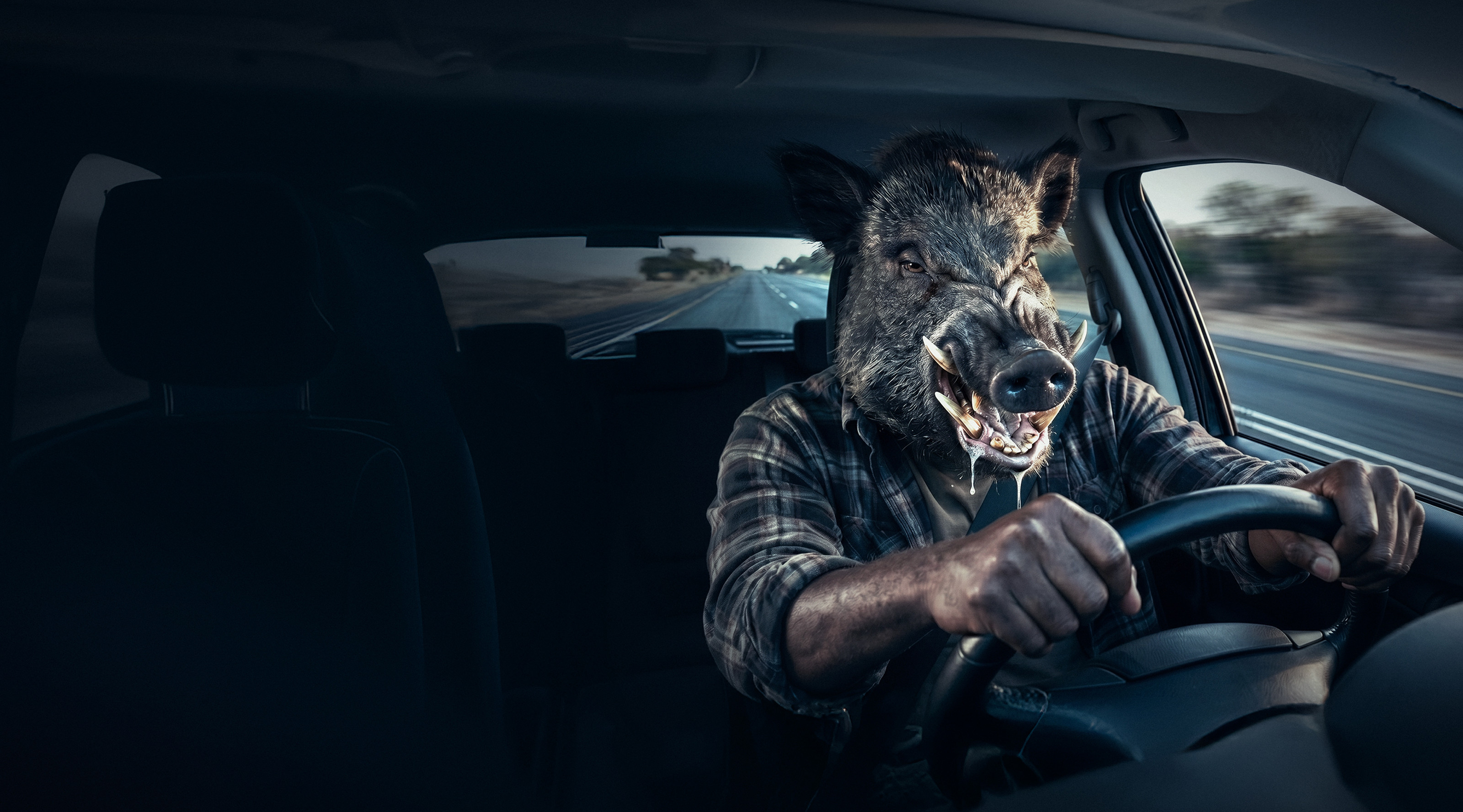 NOSSA Seguros road safety key visual: a driver with the head of a wild boar at night