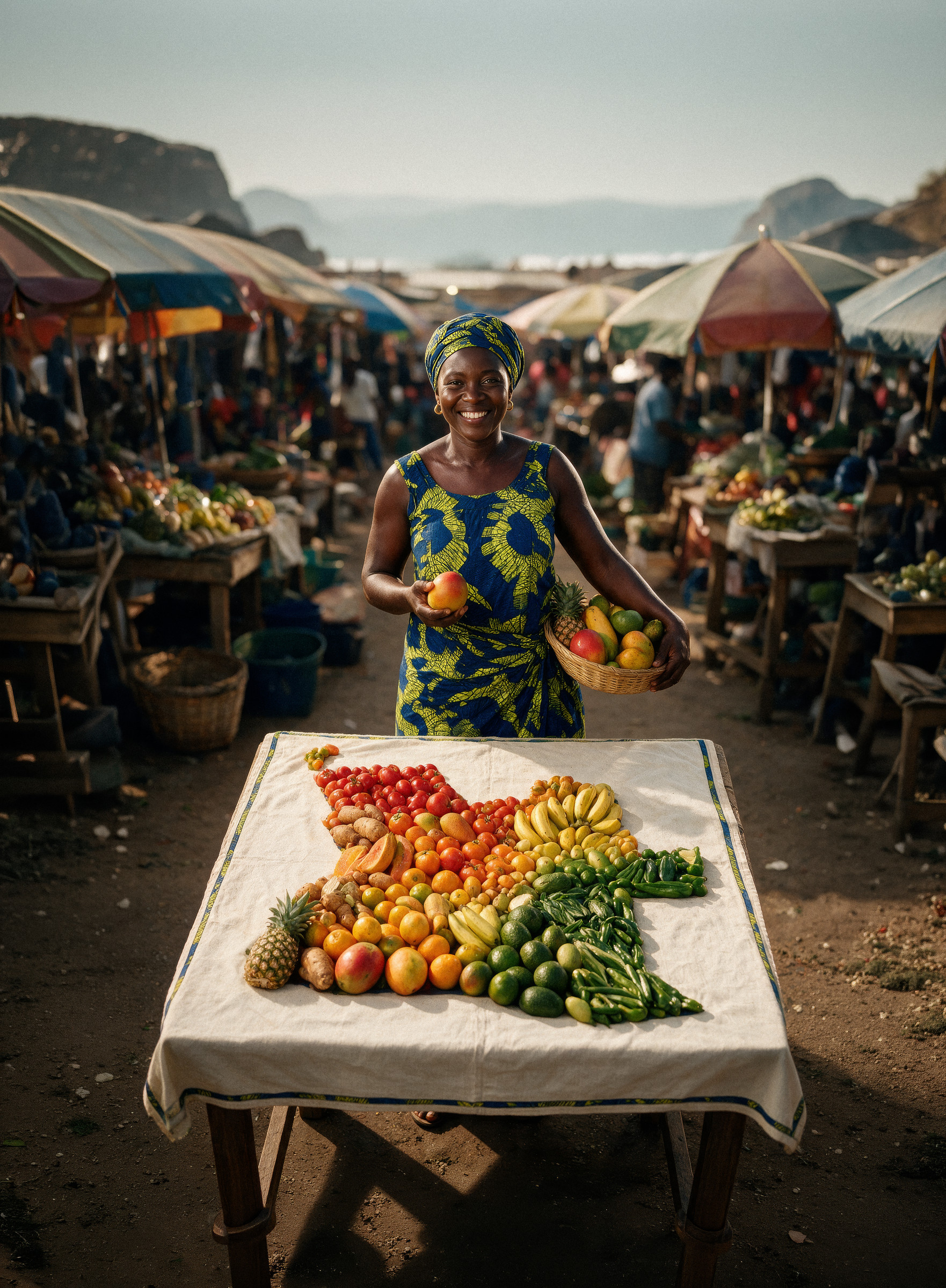 Market vendor smiling behind a table of fruit arranged in the shape of Angola